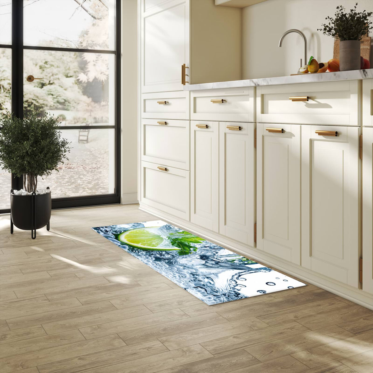 Geruchsneutraler langer Teppich mit Motiv Limettenspritzer in heller Küche