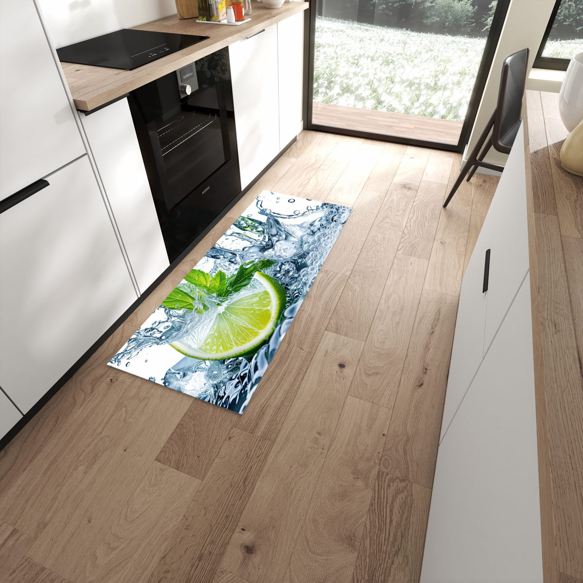 Hygienischer Läufer für die Küche mit Motiv Limettenspritzer in moderner Küche #grösse_60 x 150 cm