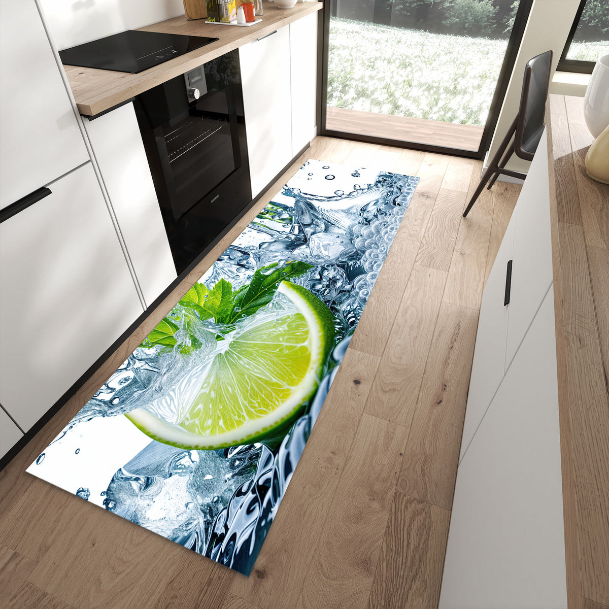 Ordnungsschaffender Teppichläufer mit Motiv Limettenspritzer in moderner Küche