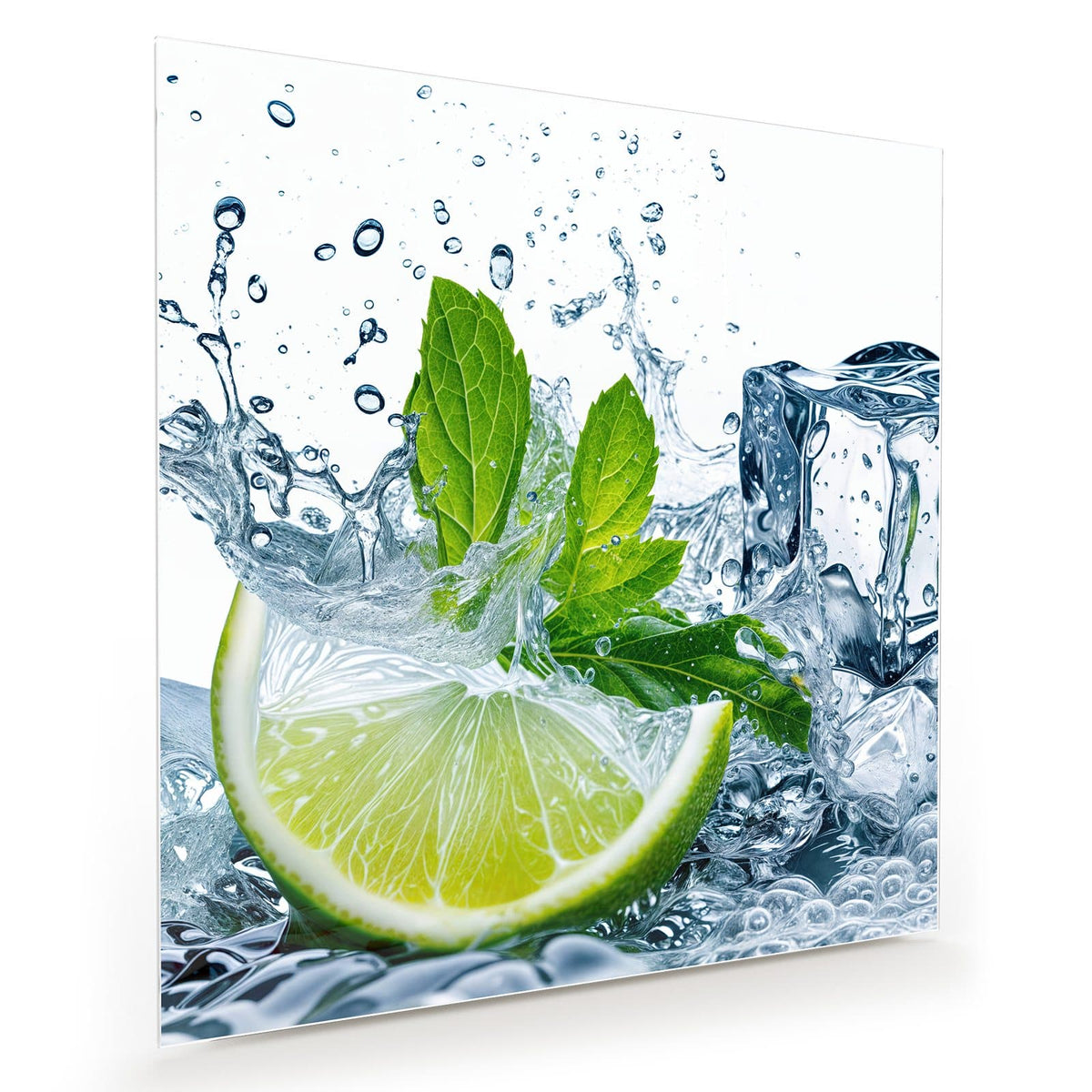 Limettenschnitz mit Minzblättern und Eiswürfeln im aufspritzenden Wasser