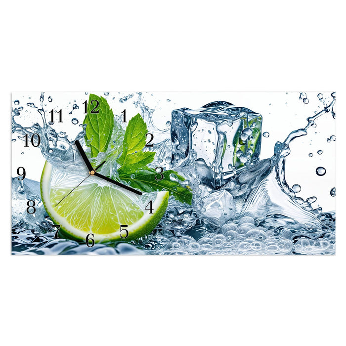 Wanduhr Limettenspritzer aus Glas – Querformat 60 × 30 cm mit Ziffernblatt Klassisch
