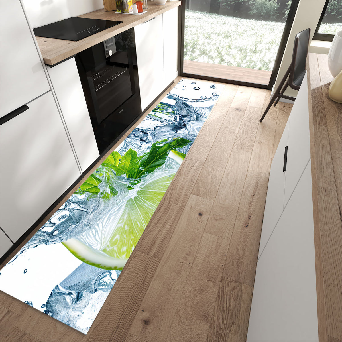 Rutschfester waschbarer Küchenteppich mit Motiv Limettenspritzer in moderner Küche