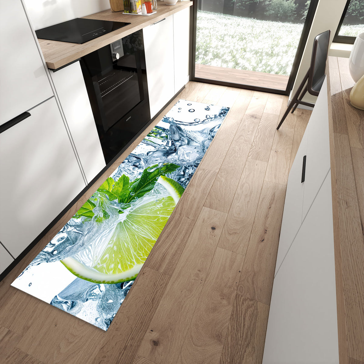 Waschbarer Küchenteppich mit Motiv Limettenspritzer in moderner Küche