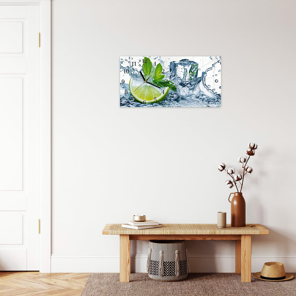 Moderne Wanduhr aus Glas mit Farbtiefe – Wanduhr Limettenspritzer aus Glas – Querformat 60 × 30 cm