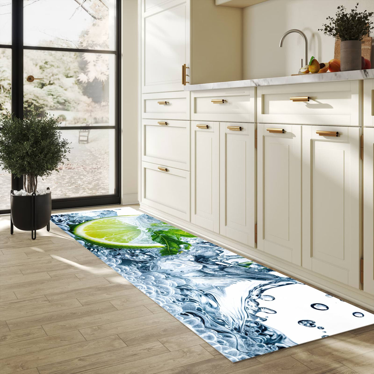 Hygienischer rutschfester Küchenteppich mit Motiv Limettenspritzer in heller Küche