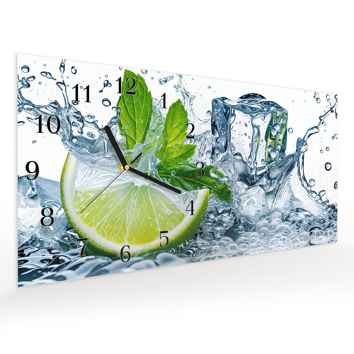 Vormontiert – mit Schwebeeffekt – Wanduhr Limettenspritzer aus Glas – Querformat 60 × 30 cm