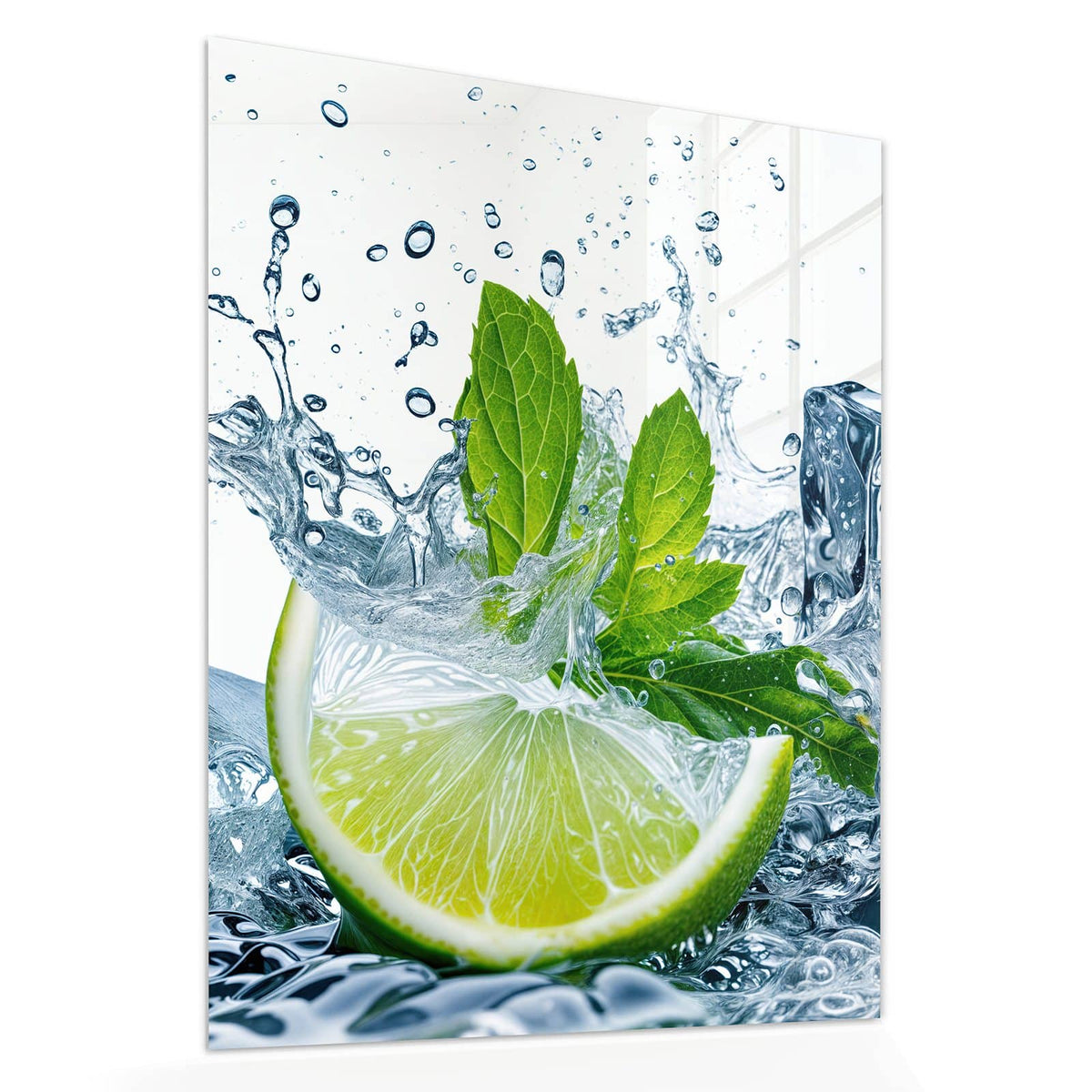 Echtglas, 4 mm – kein Acryl, keine Folie – Wandbild - Limette mit Minze - Hochformat