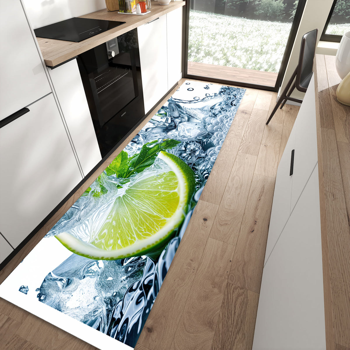Farbbeständiger waschbarer Küchenläufer mit Motiv Limettenspritzer in moderner Küche