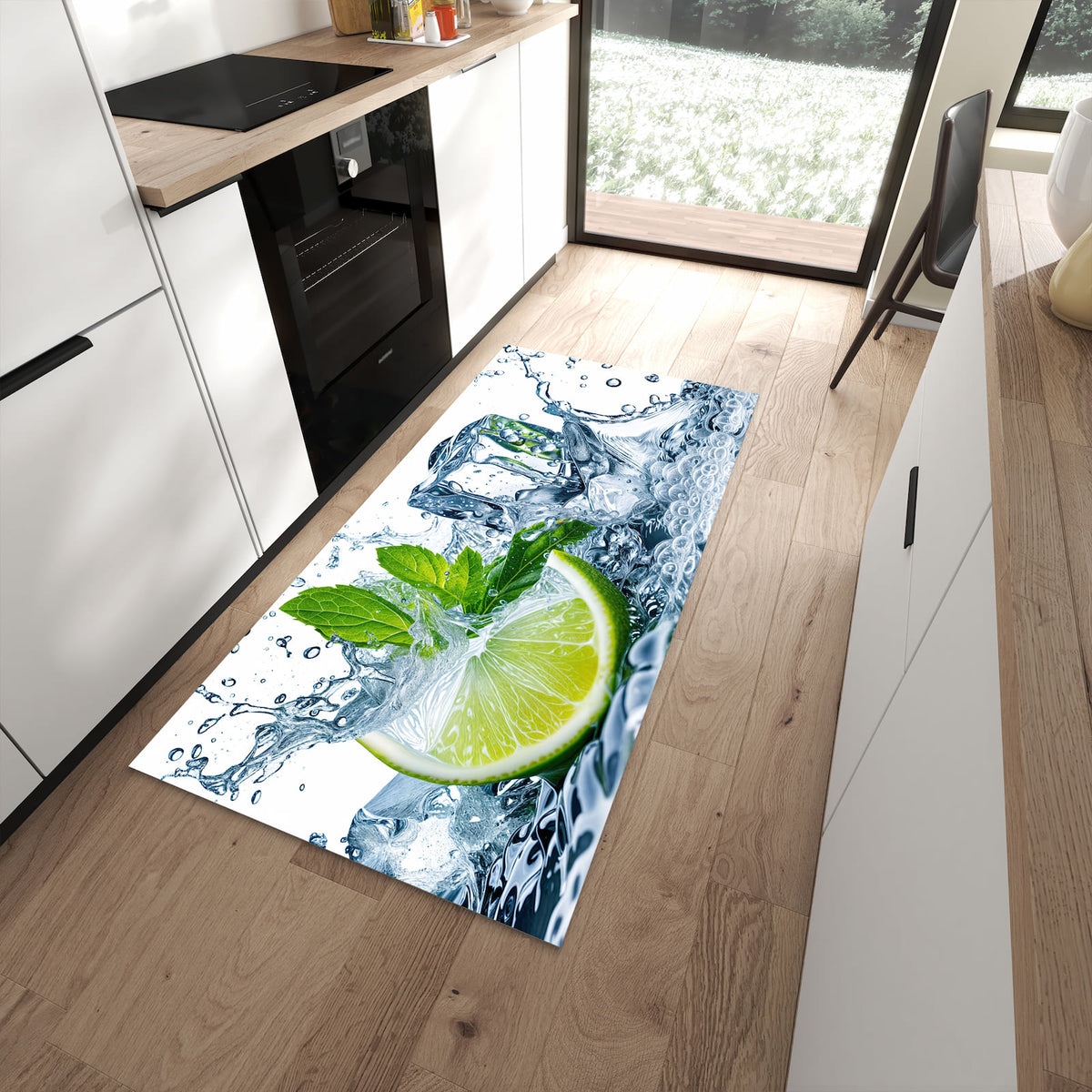 Formstabiler langer Teppich mit Motiv Limettenspritzer in moderner Küche