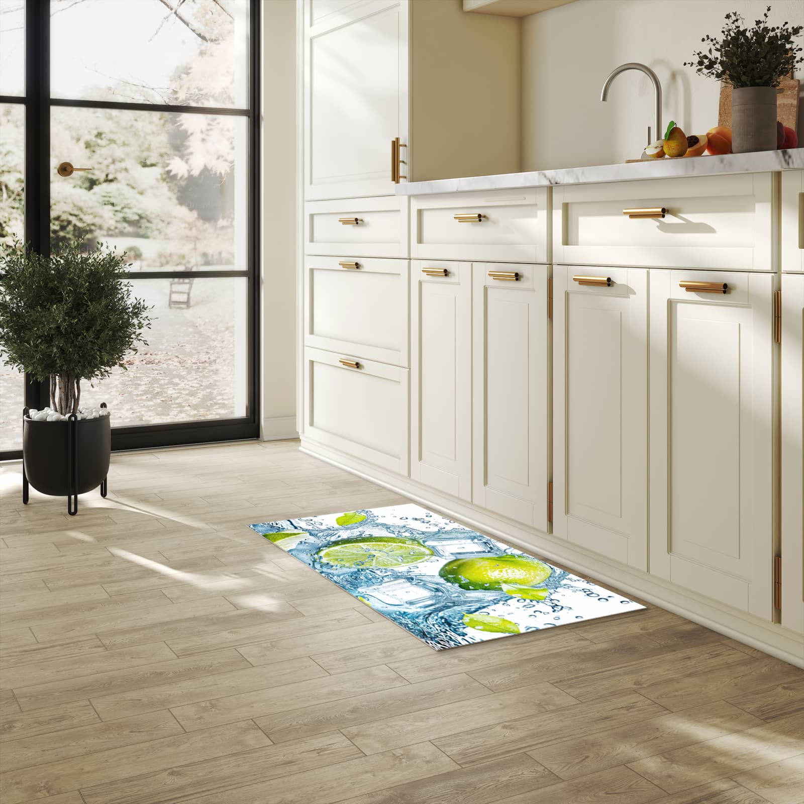 Feuchtigkeitsresistenter Teppich für die Küche mit Motiv Limetten Splashing in heller Küche