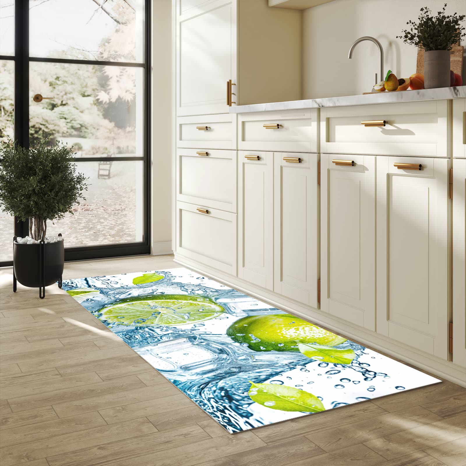 Wasserabweisender Teppichläufer mit Motiv Limetten Splashing in heller Küche