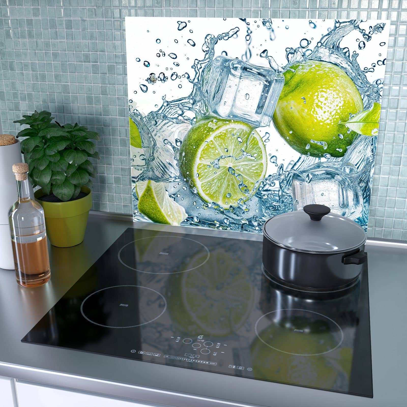 1-teilige Herdabdeckplatte mit Spritzende Limetten-Motiv als Spritzschutz hinter dem Kochfeld