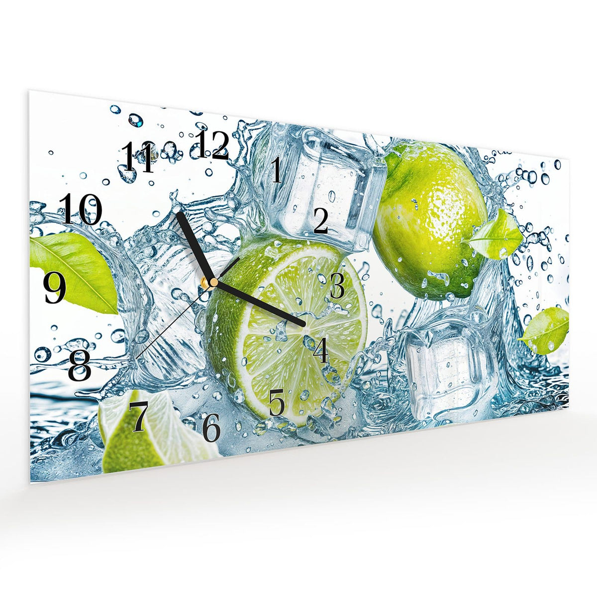 Vormontiert – mit Schwebeeffekt – Wanduhr Spritzende Limetten aus Glas – Querformat 60 × 30 cm