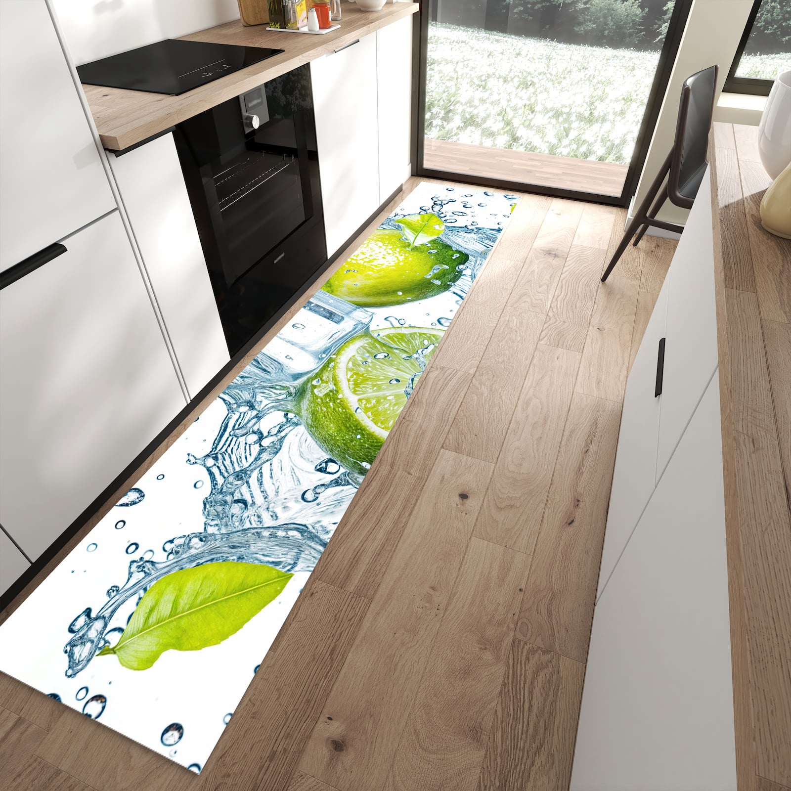 Schmutzabweisender Küchenläufer mit Motiv Limetten Splashing in moderner Küche