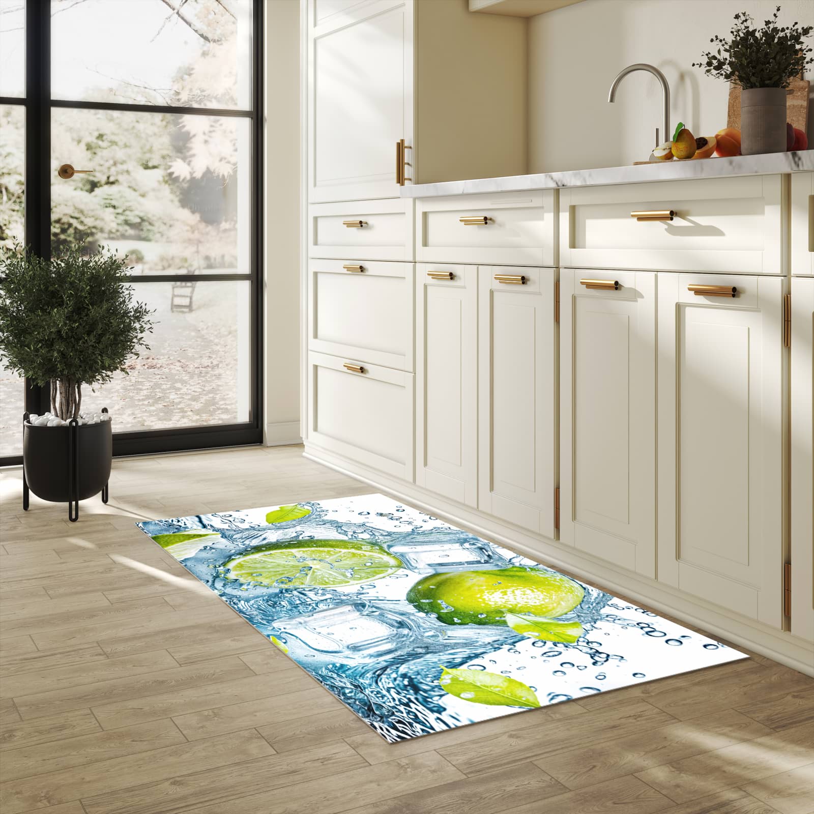 Komfortabler Küchenläufer mit Motiv Limetten Splashing in heller Küche für angenehmes Stehen