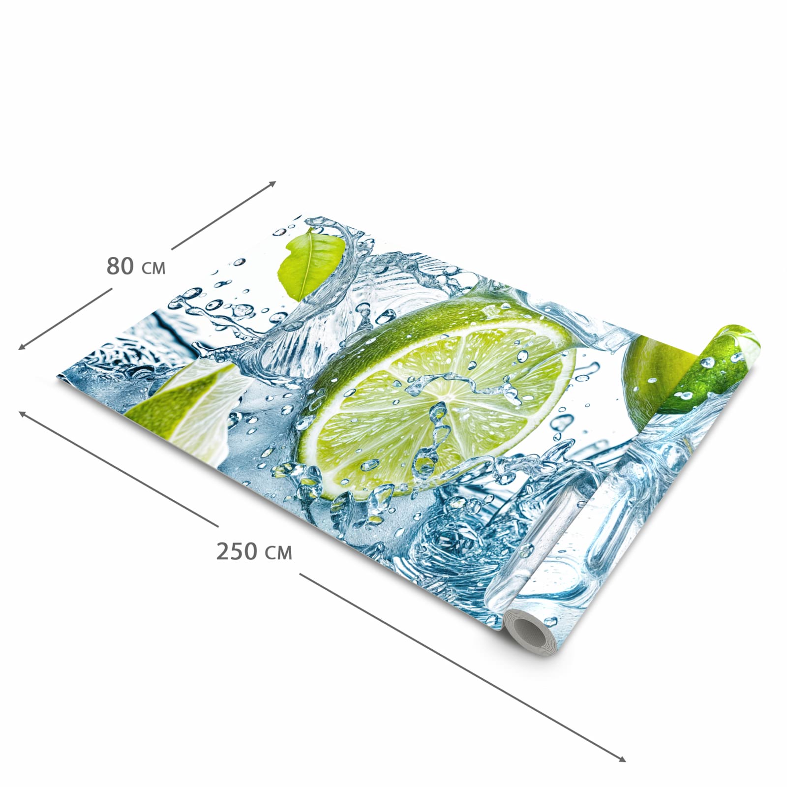 UV-beständiger waschbarer Küchenteppich mit Motiv Limetten Splashing in der Größe 60x300 cm