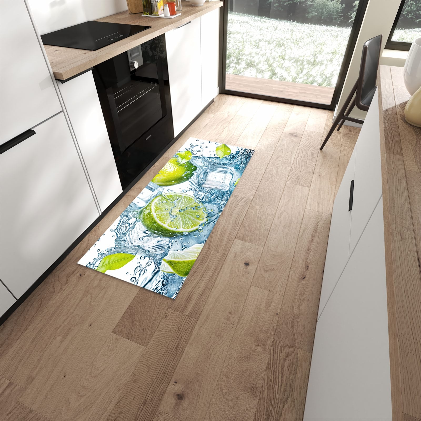 UV-beständiger Küchenläufer mit Motiv Limetten Splashing in moderner Küche - waschbar #grösse_60 x 150 cm