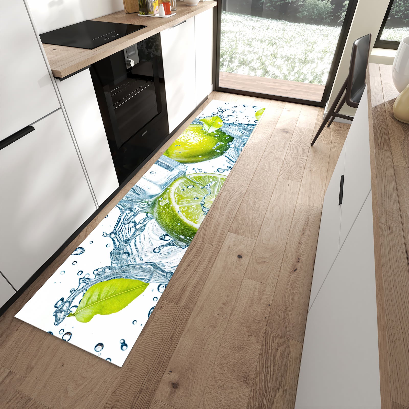 Fleckenresistenter abwaschbarer Küchenteppich mit Motiv Limetten Splashing in moderner Küche