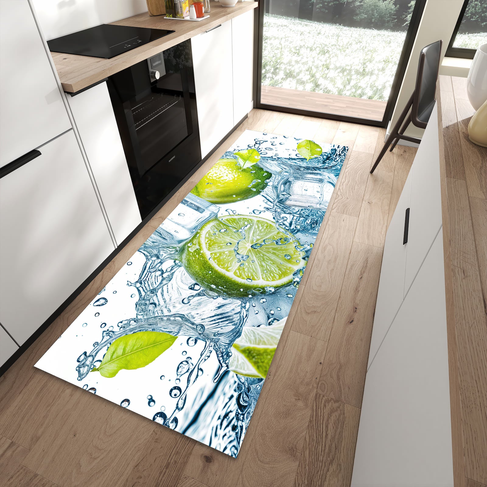 Pflegeleichter Küchenteppich mit Motiv Limetten Splashing in moderner Küche