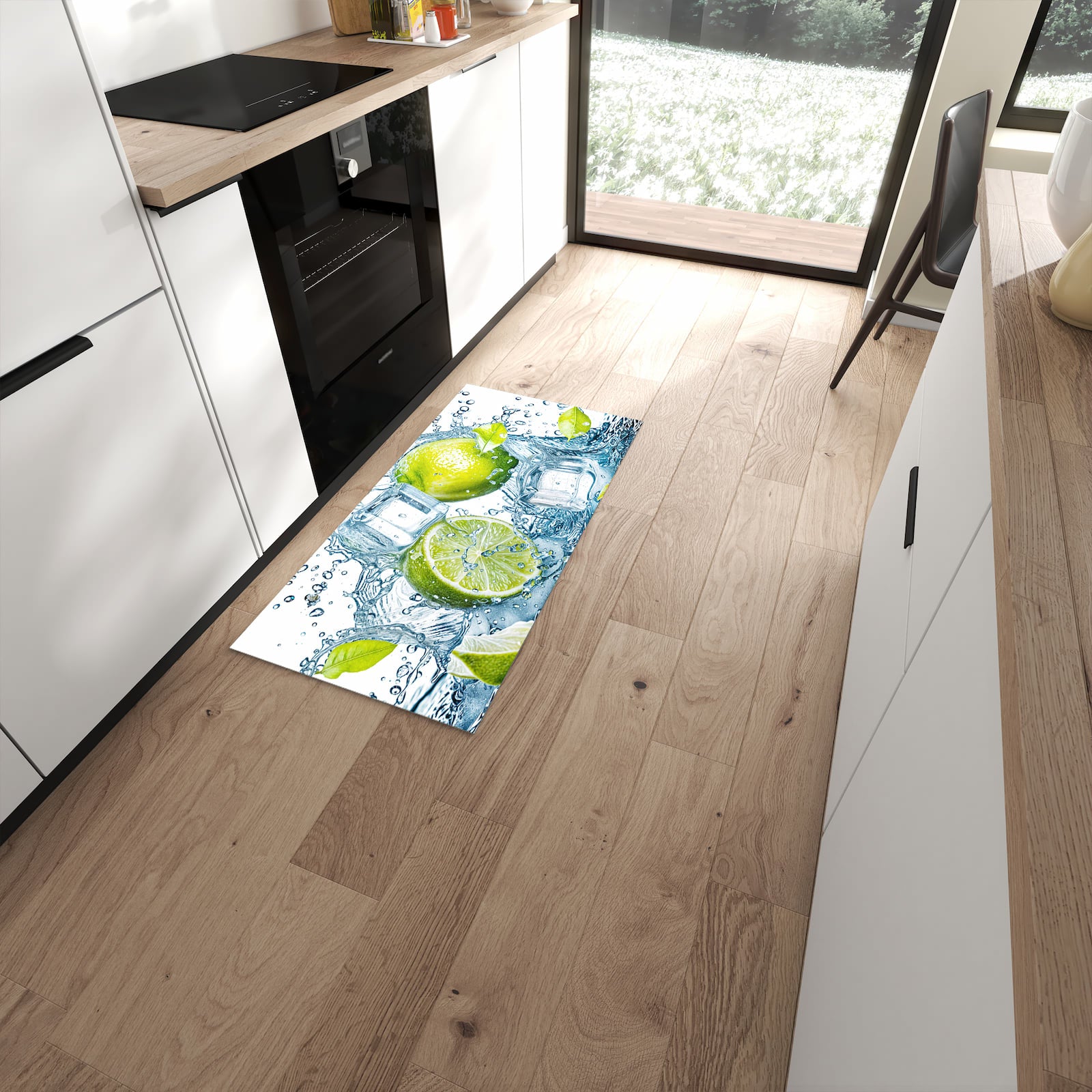 Abriebfester Küchenläufer nach Maß mit Motiv Limetten Splashing in moderner Küche #grösse_60 x 120 cm