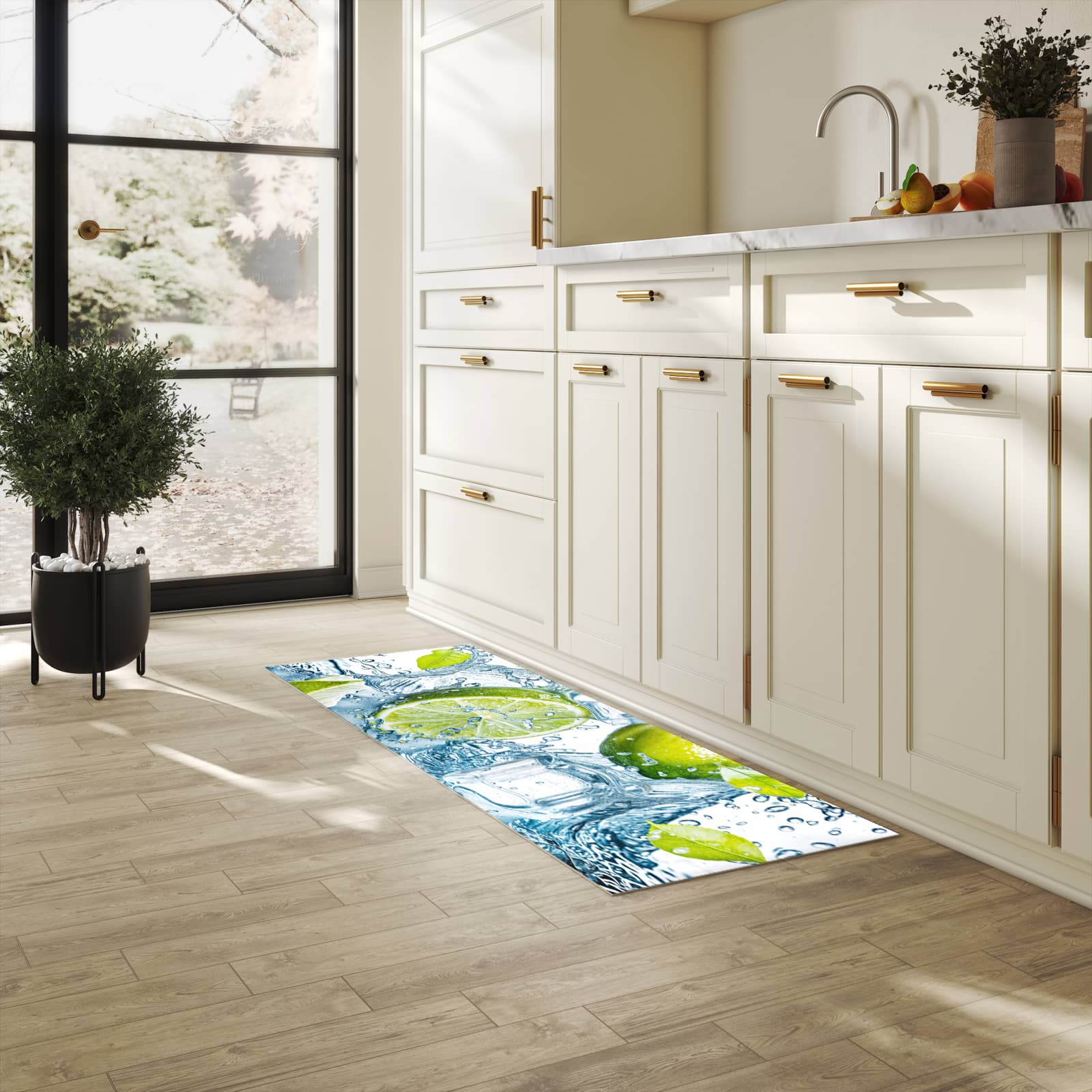 Küchenteppich mit Motiv Limetten Splashing für Ordnung & Übersicht in heller Küche