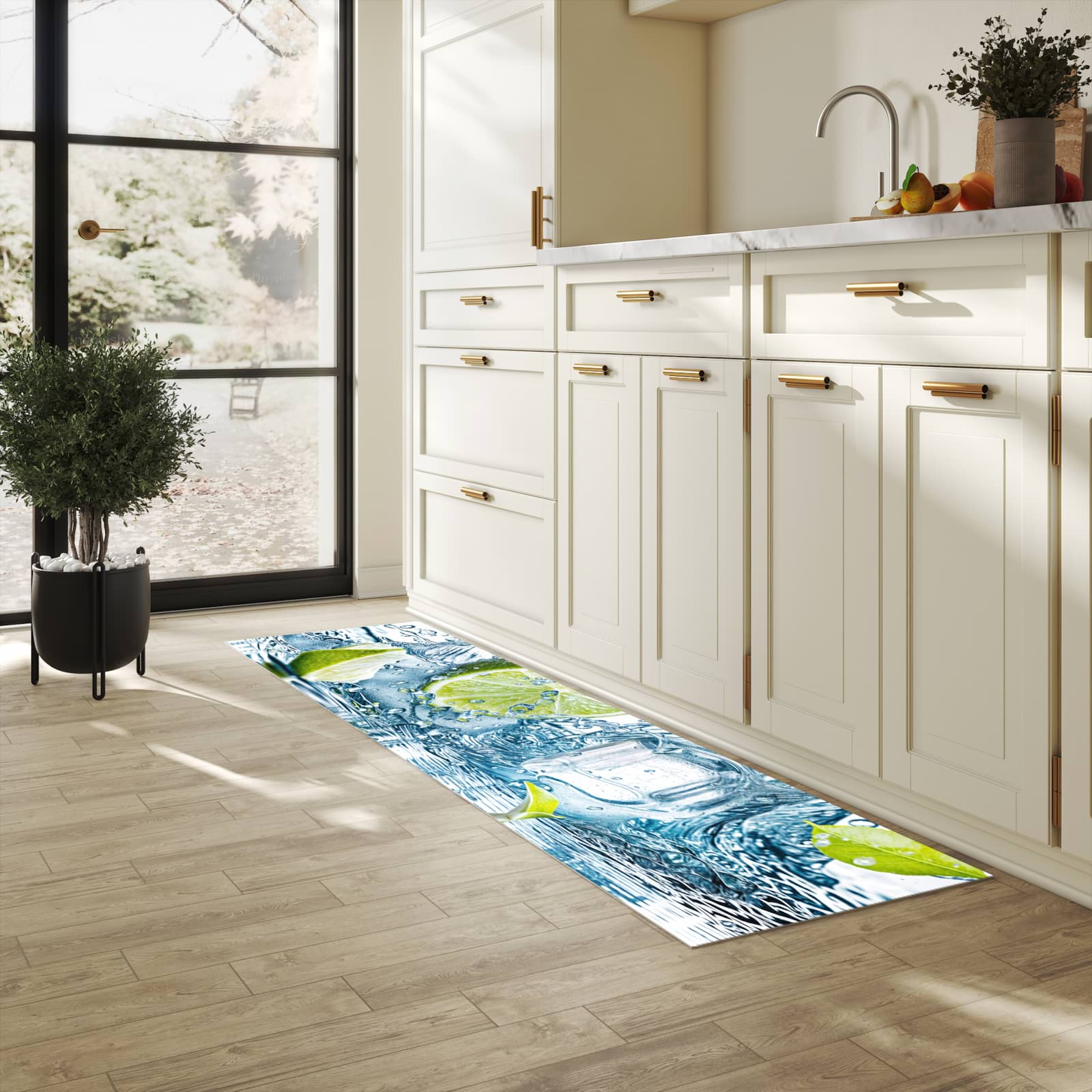 Bodenschonender Küchenteppich mit Motiv Limetten Splashing in heller Küche