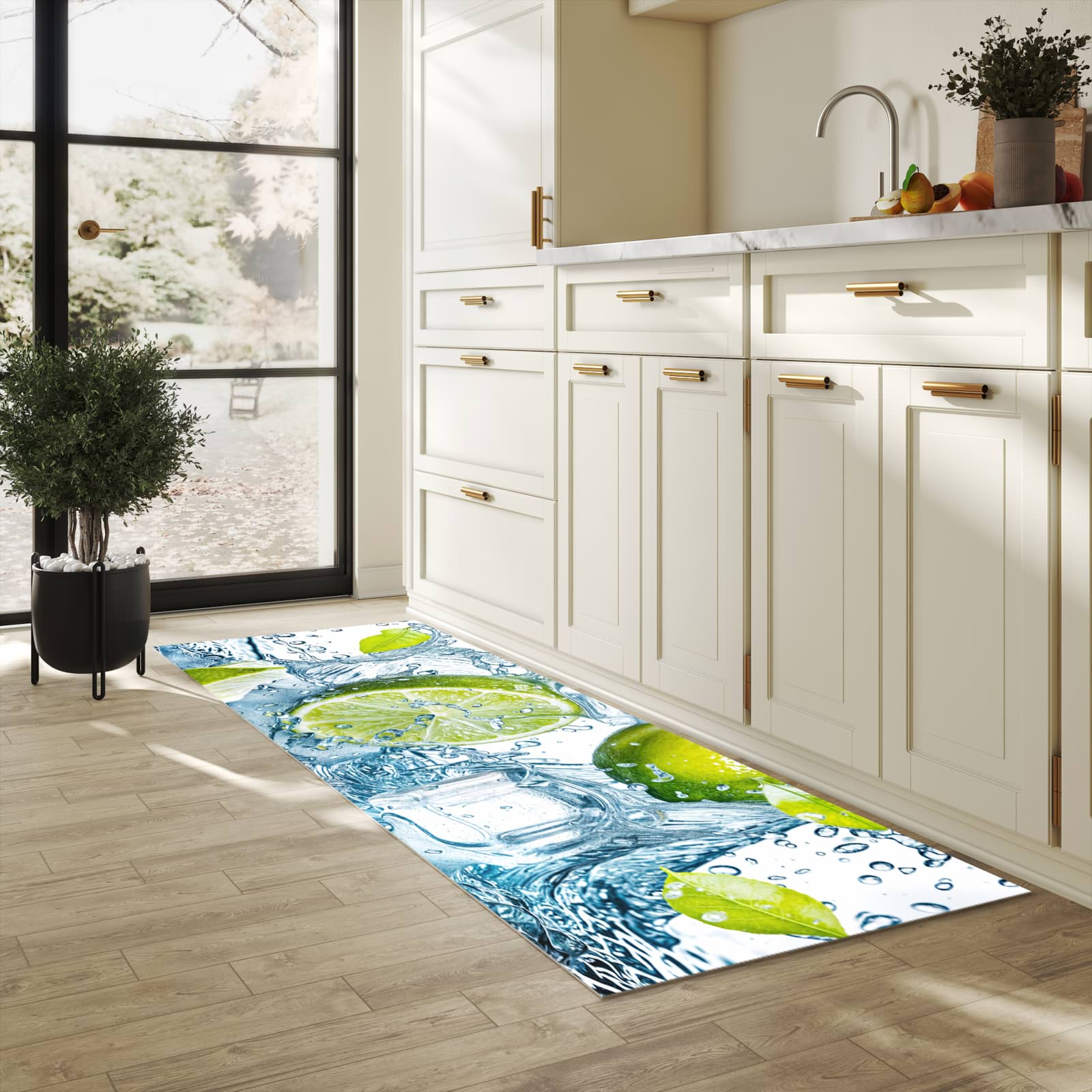 Geräuschdämpfender Küchenvorleger mit Motiv Limetten Splashing in heller Küche
