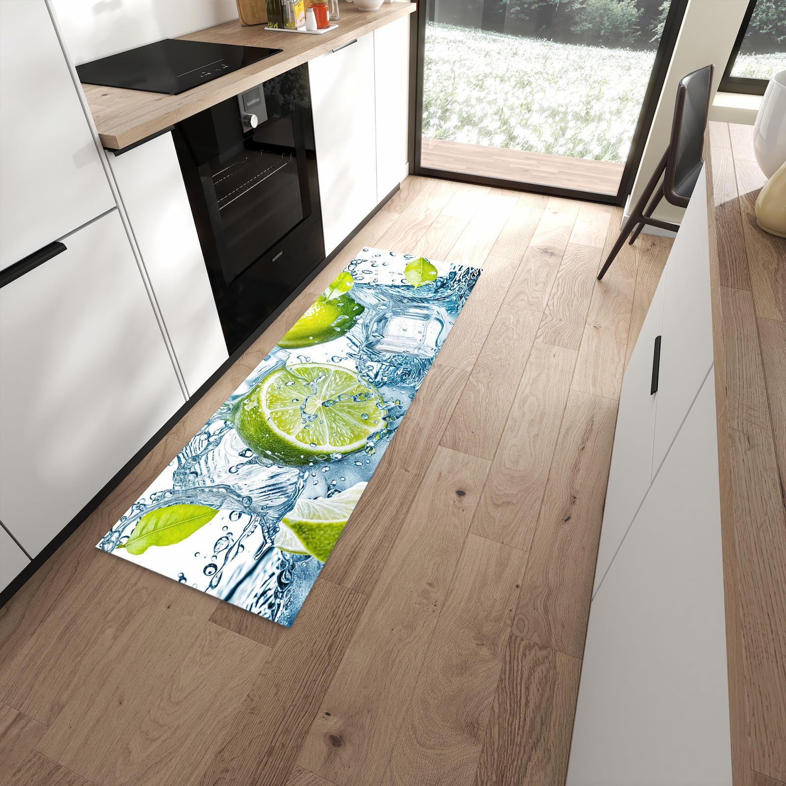 Komfortabler Küchenläufer mit Motiv Limetten Splashing in moderner Küche