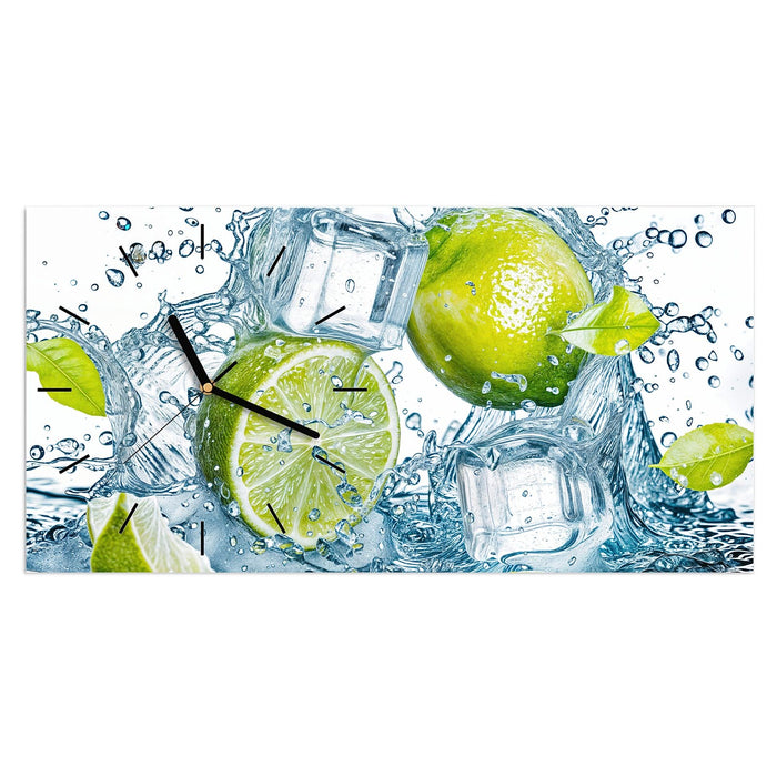 Wanduhr Spritzende Limetten aus Glas – Querformat 60 × 30 cm mit Ziffernblatt Linie