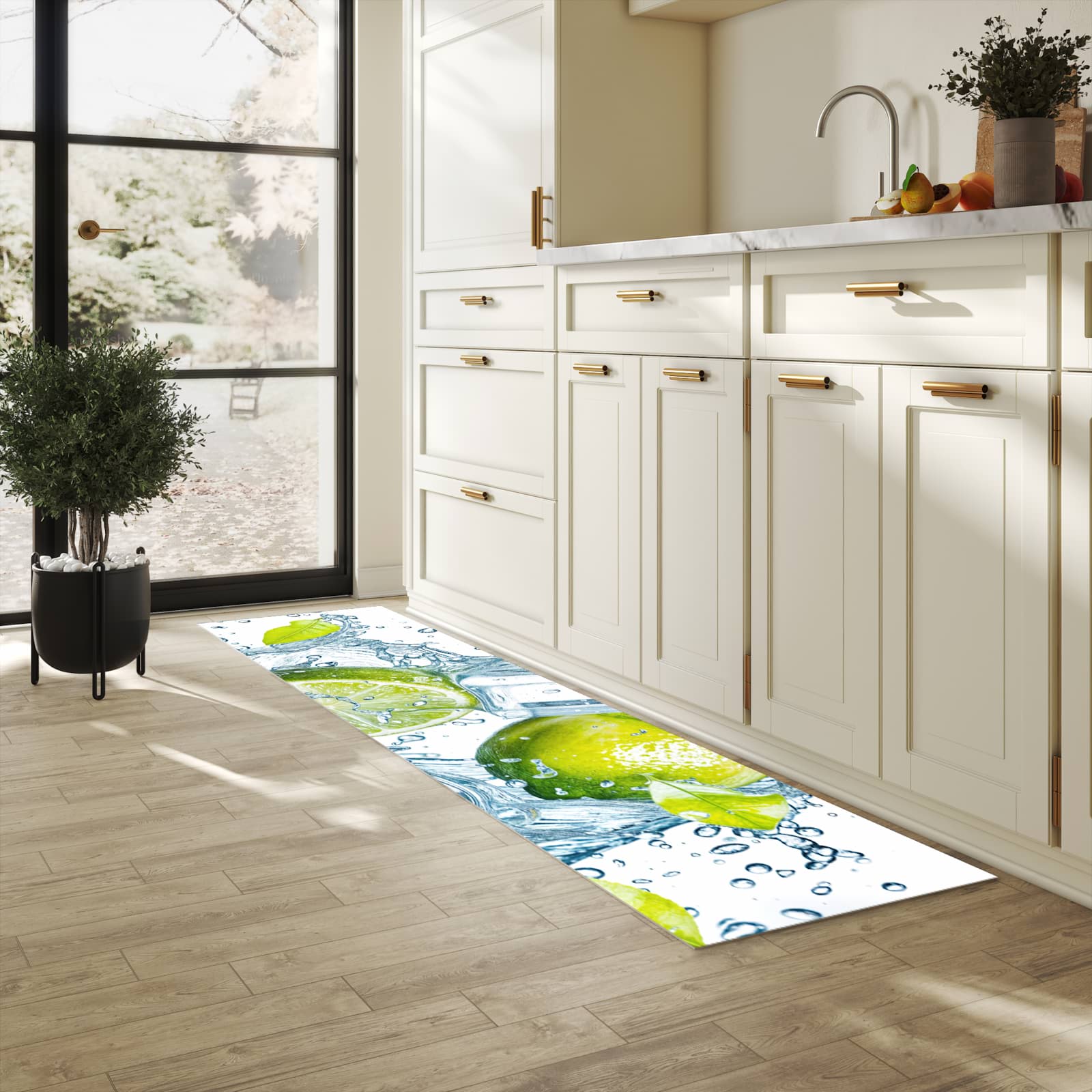 Farbbeständiger Läufer für die Küche mit Motiv Limetten Splashing in heller Küche
