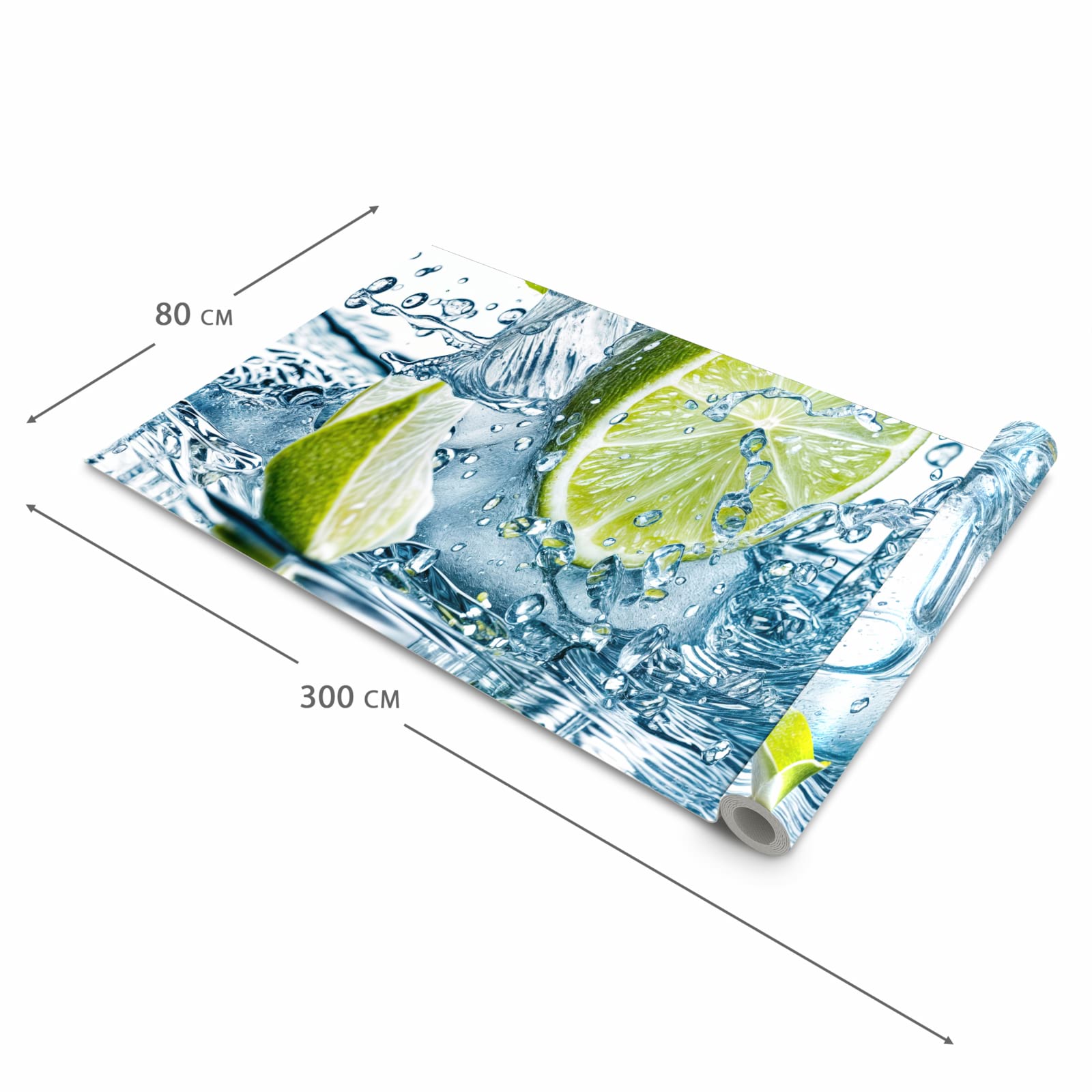 Wasserabweisender rutschfester Küchenteppich mit Motiv Limetten Splashing in der Grösse 60x300 cm