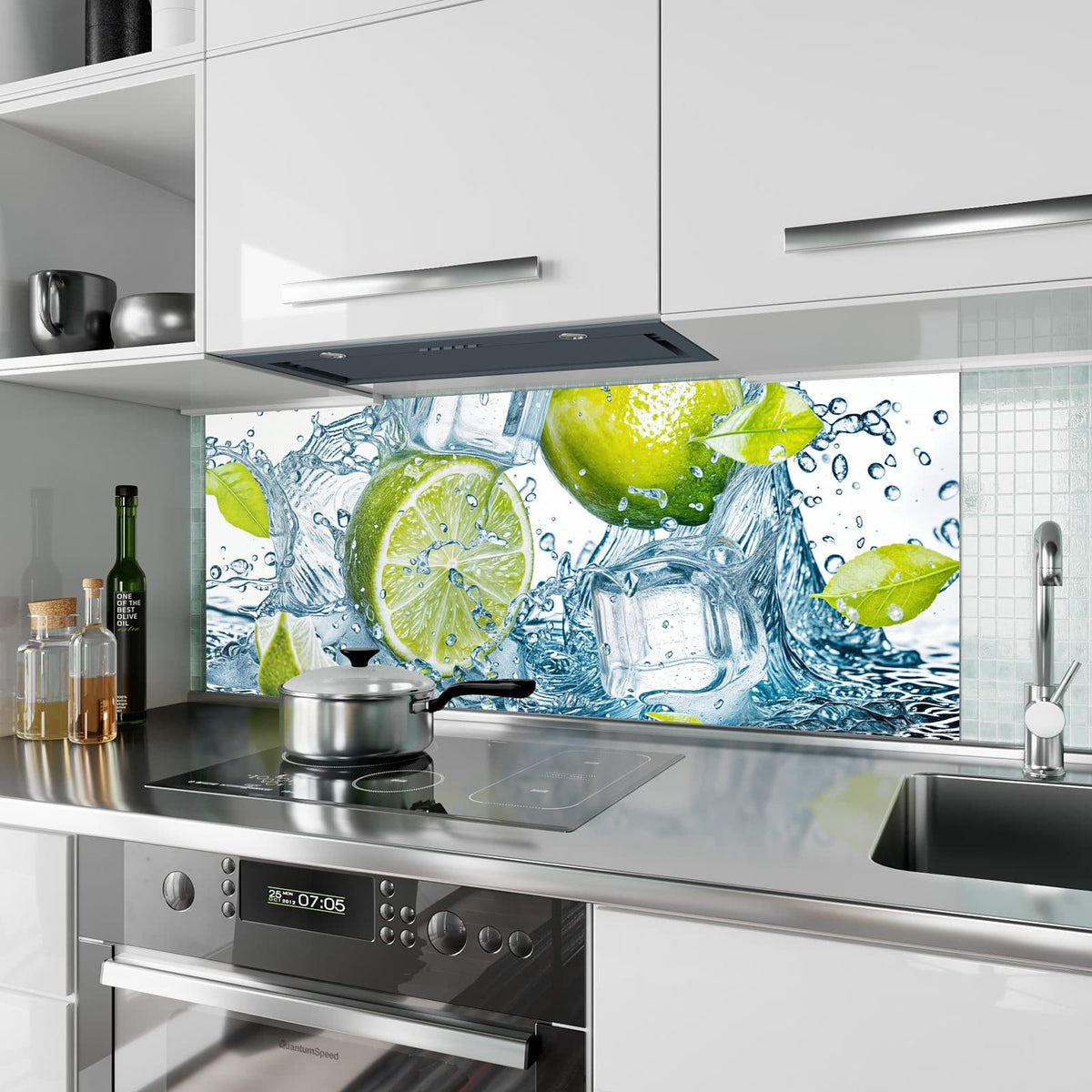Küchenrückwand aus Glas Limetten mit Eis im Hochformat als Spritzschutz hinter dem Kochfeld, über dem Fliesenspiegel montiert