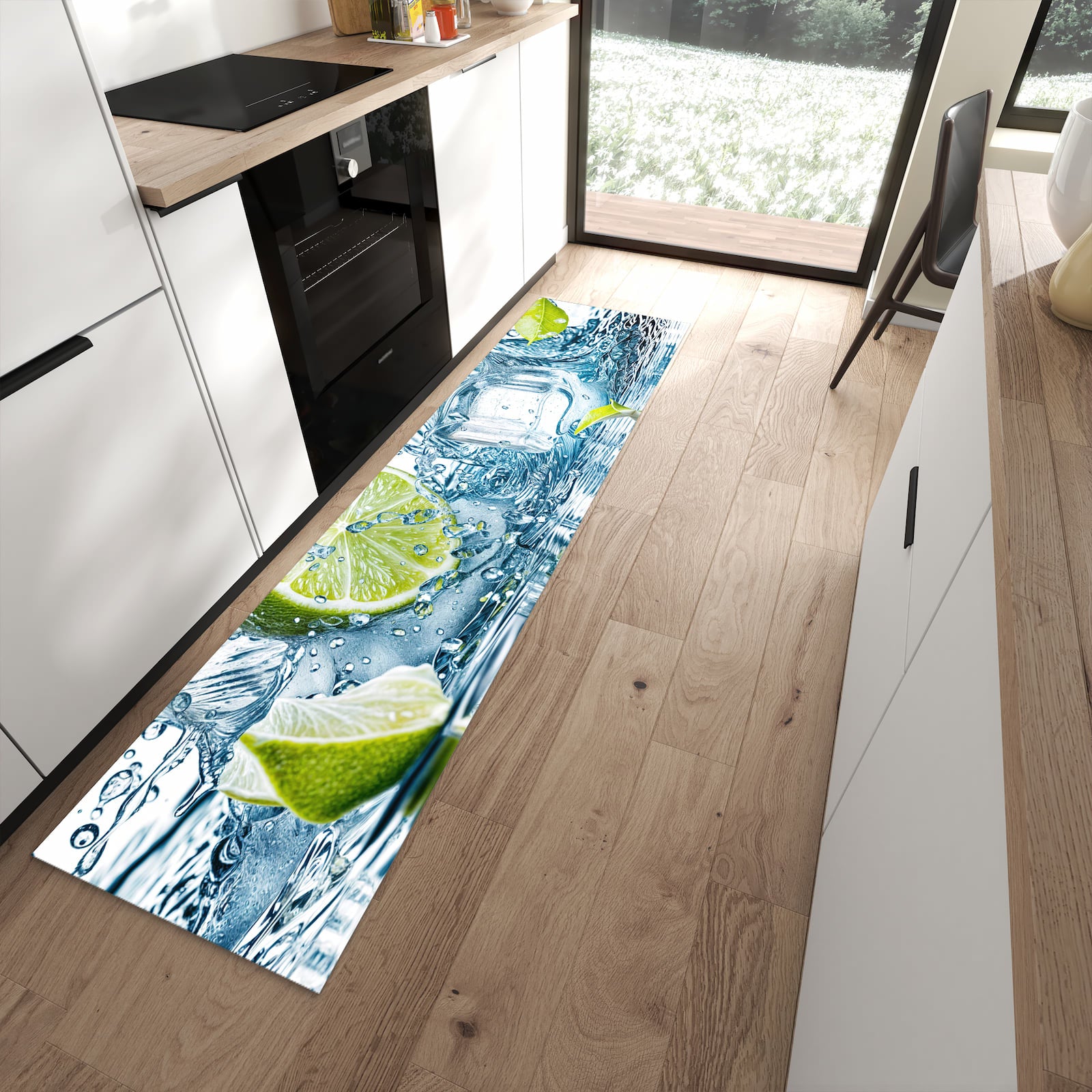 Wasserabweisender Küchenläufer mit Motiv Limetten Splashing in moderner Küche