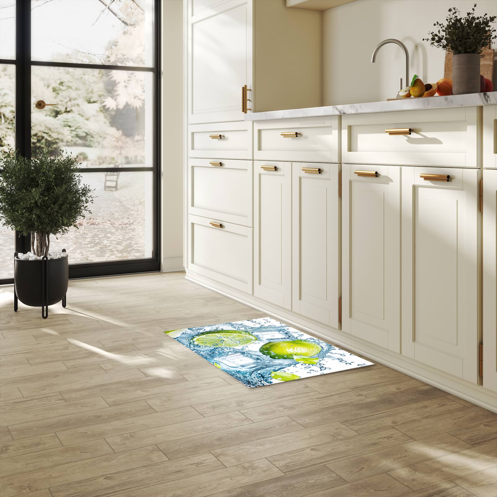 Küchenteppich mit Motiv Limetten Splashing in heller Küche für sicheres Aufbewahren