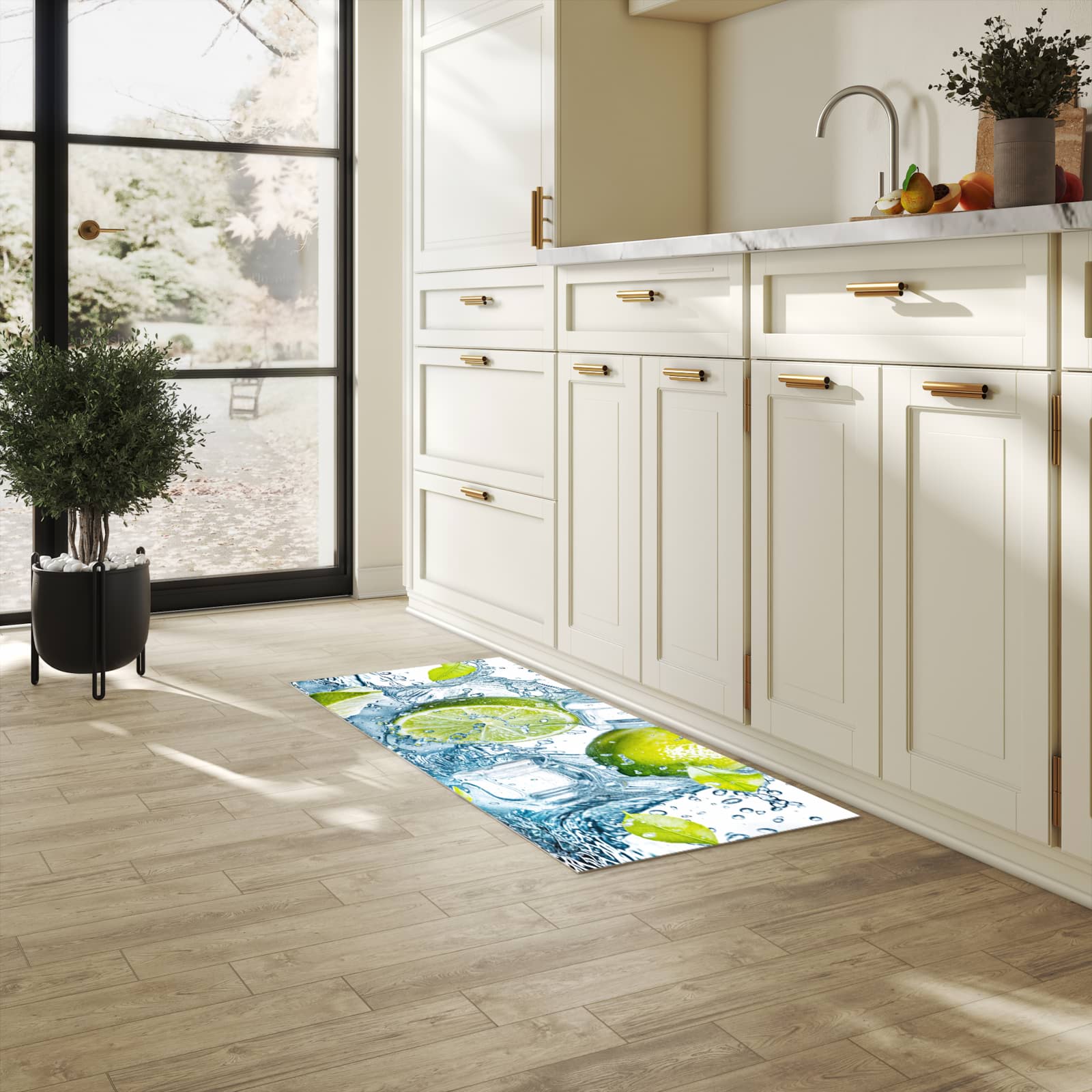 Bodenschonender Küchenteppich mit Motiv Limetten Splashing in heller Küche
