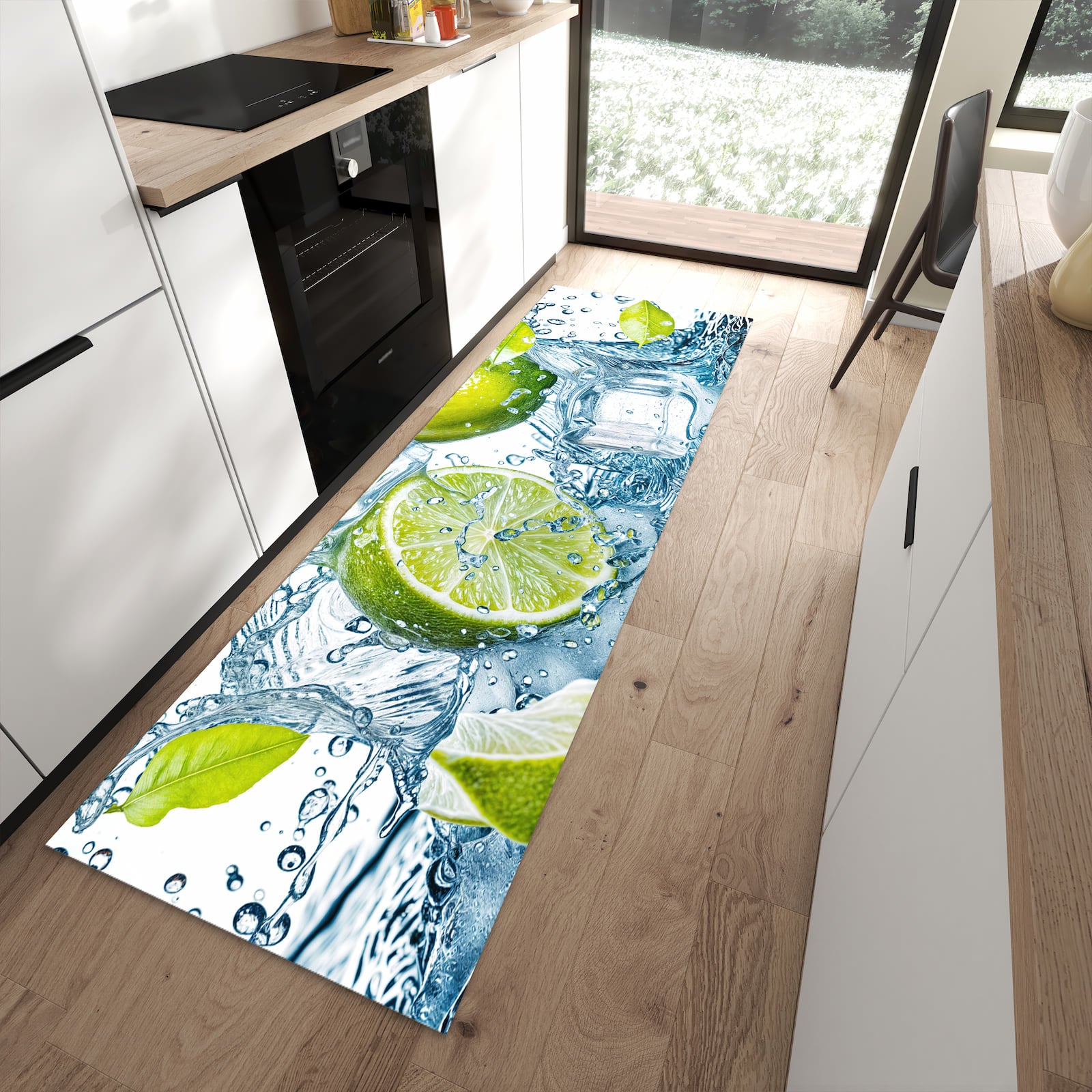 Flacher Küchenteppich mit Motiv Limetten Splashing in moderner Küche