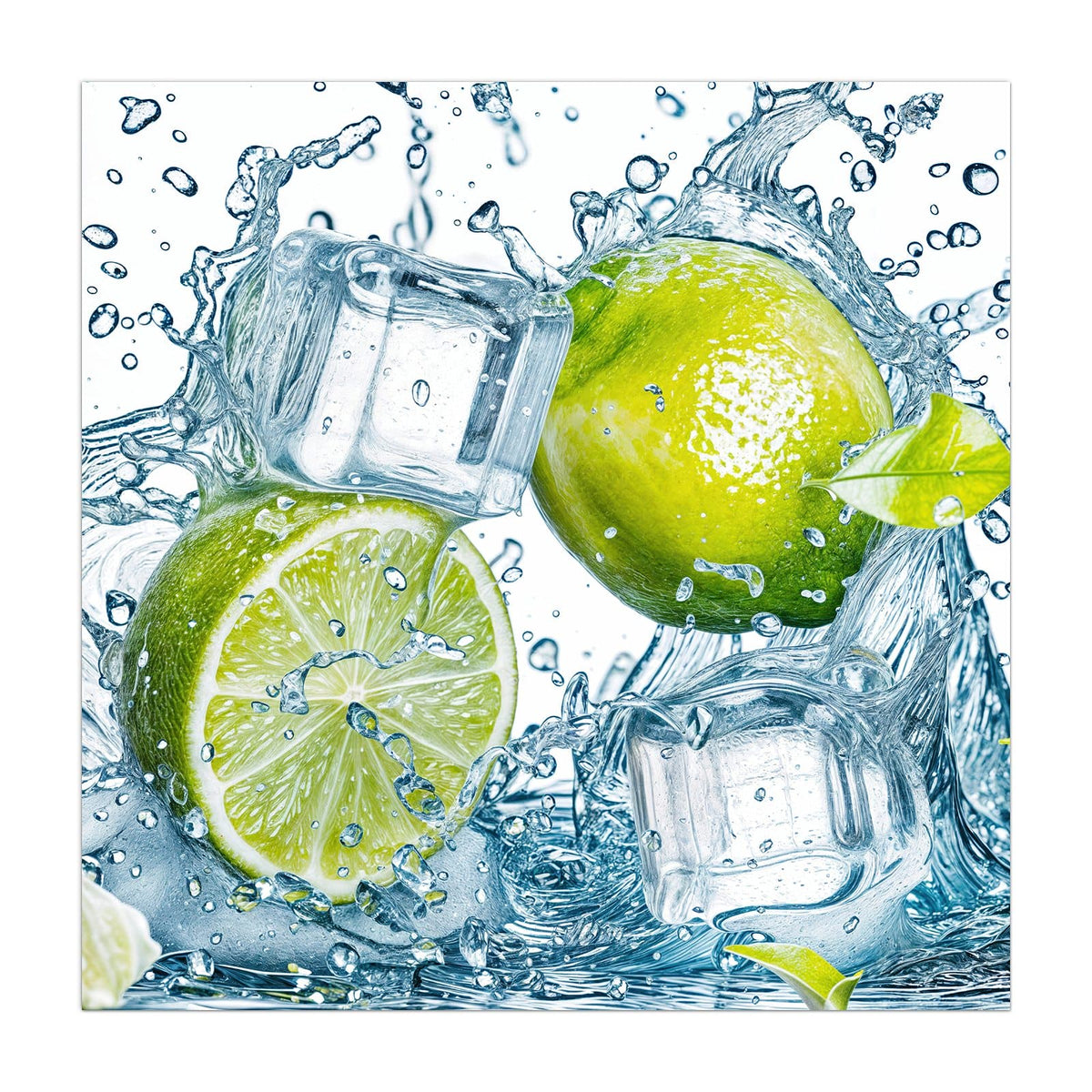 Ganze Limette, halbe Limette und Eiswürfel in aufspritzendem Wasser