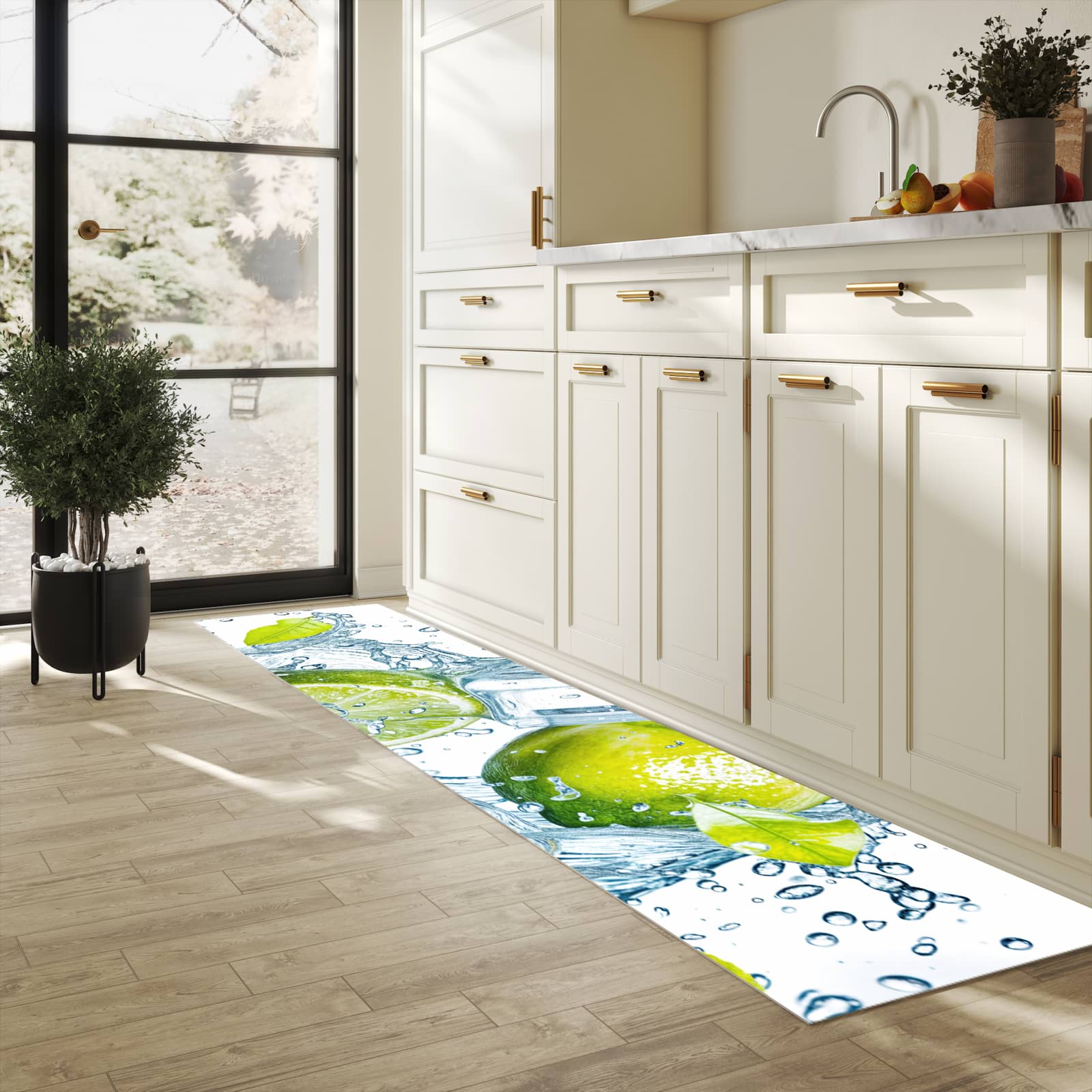 Formstabiler Küchenläufer mit Motiv Limetten Splashing in heller Küche