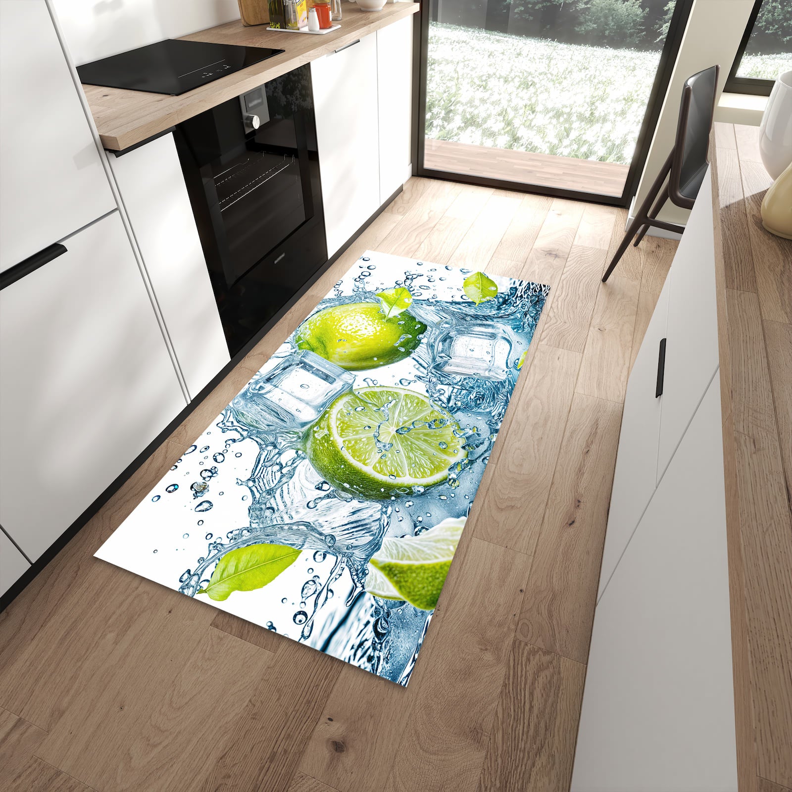 Rutschfester Küchenteppich mit Motiv Limetten Splashing in moderner Küche