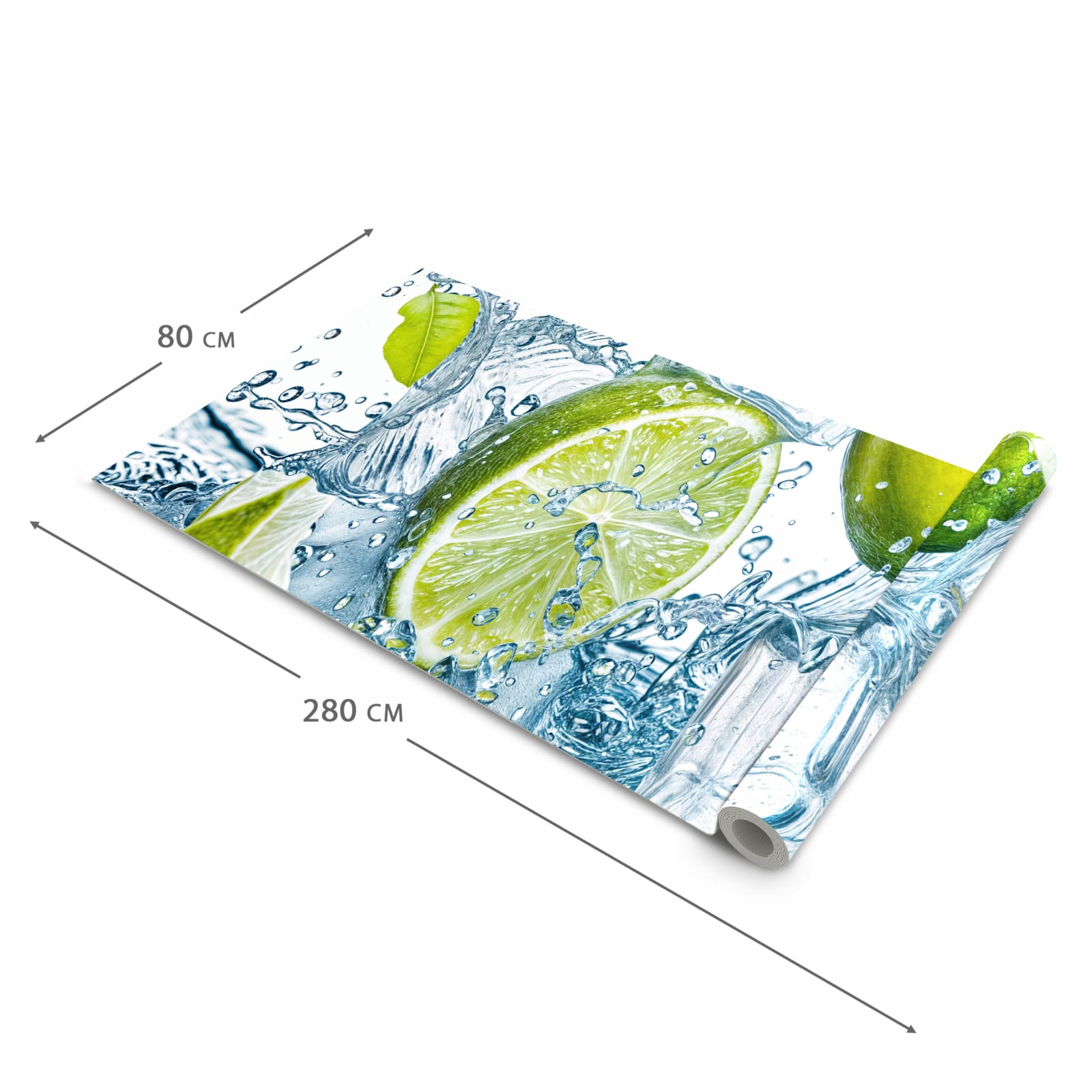 Großer Küchenteppich mit Motiv Limetten Splashing in der Grösse 60x300 cm für Trittkomfort