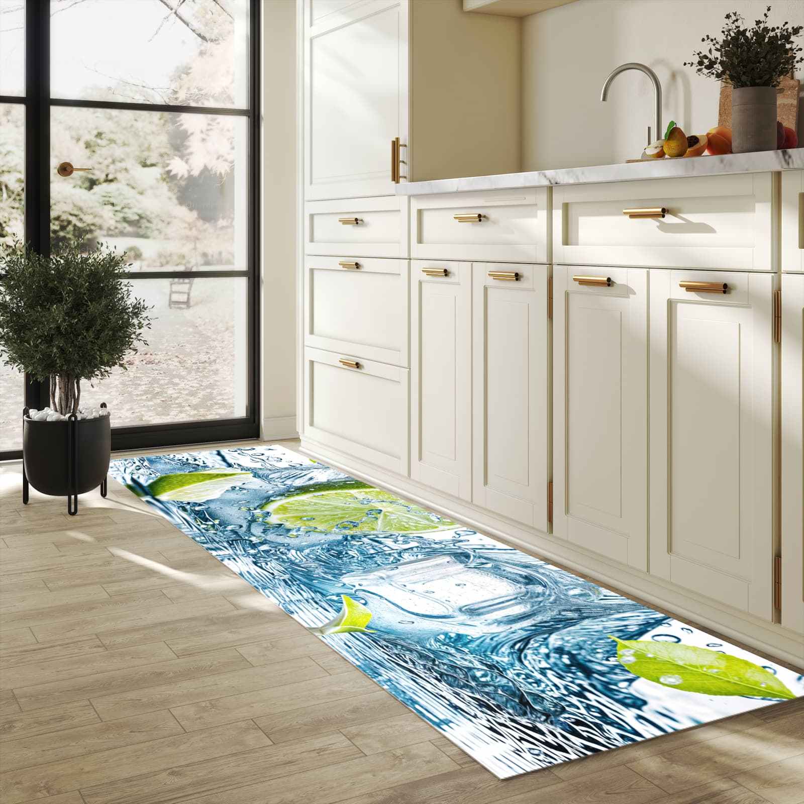 UV-beständiger Küchenläufer mit Motiv Limetten Splashing in heller Küche