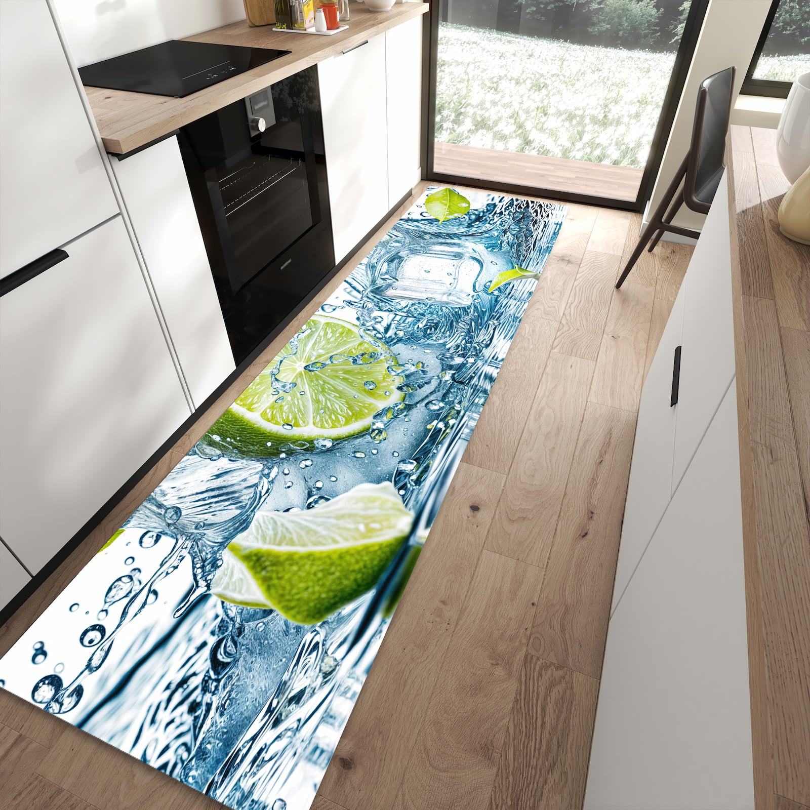 Komfortabler Küchenteppich mit Motiv Limetten Splashing in moderner Küche