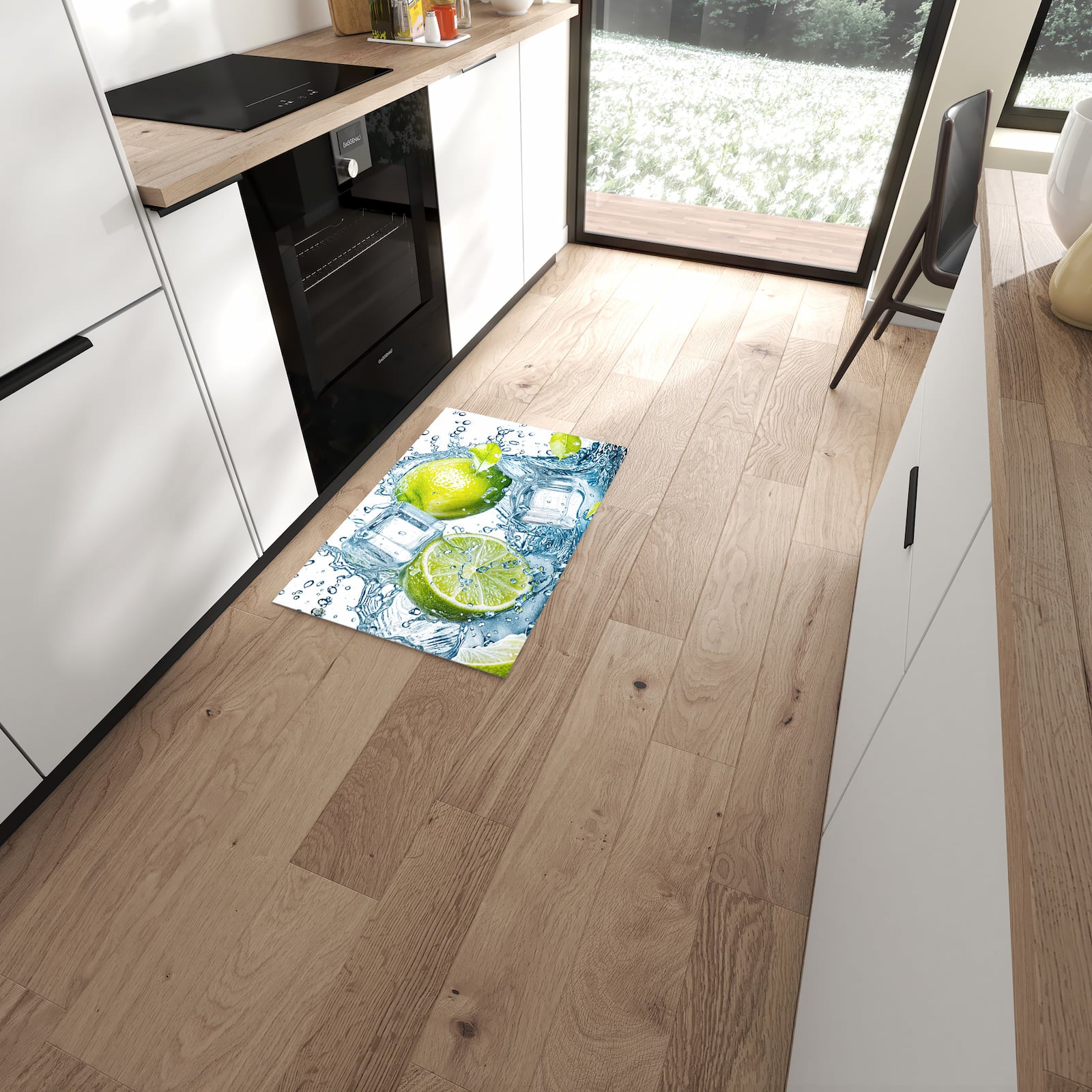 Geruchsneutraler Küchenteppich mit Motiv Limetten Splashing in moderner Küche