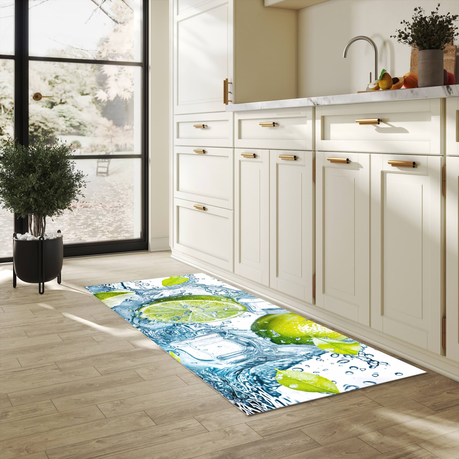 Zeitsparender Küchenteppich mit Motiv Limetten Splashing in heller Küche