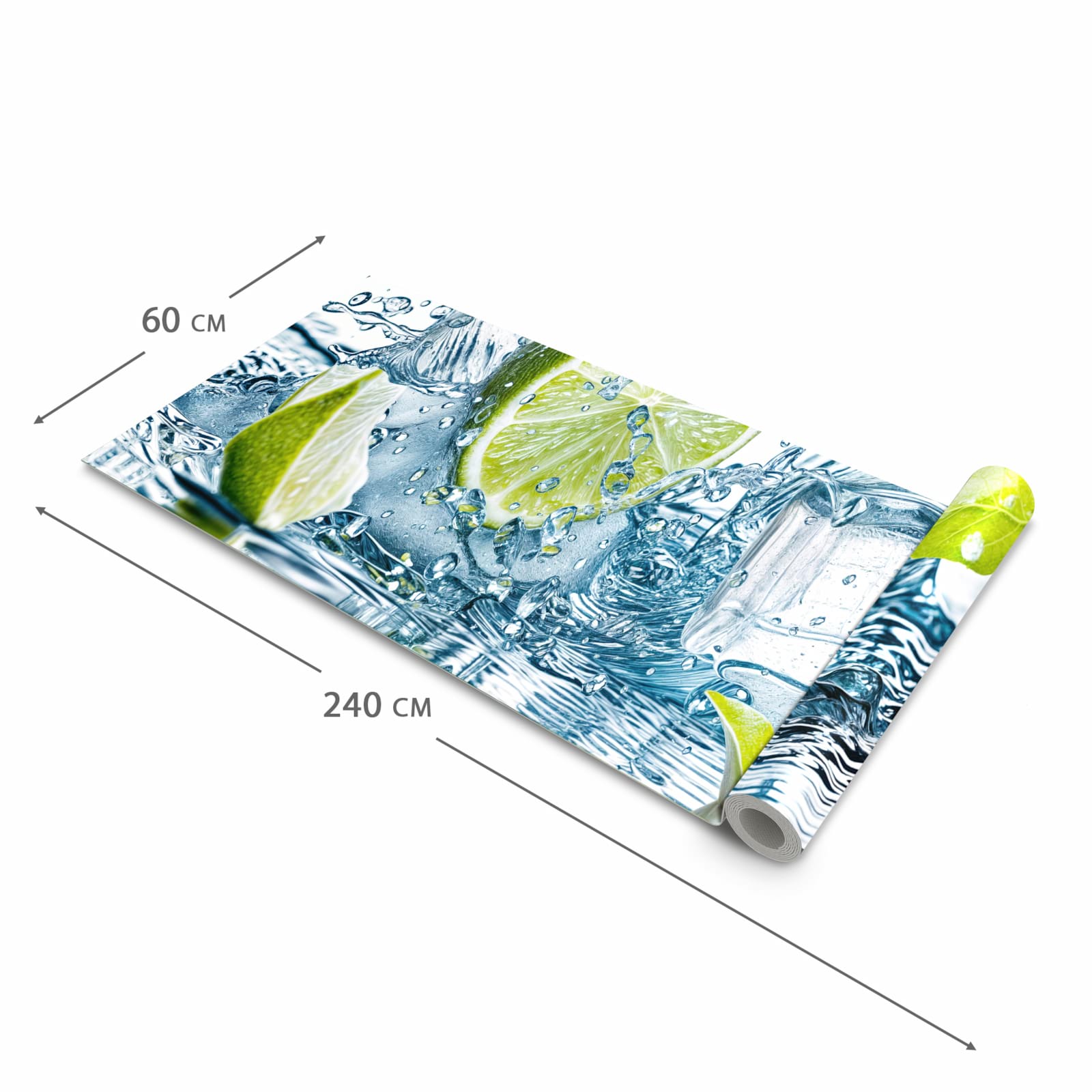 Formstabiler waschbarer Küchenteppich mit Motiv Limetten Splashing in der Grösse 60x300 cm