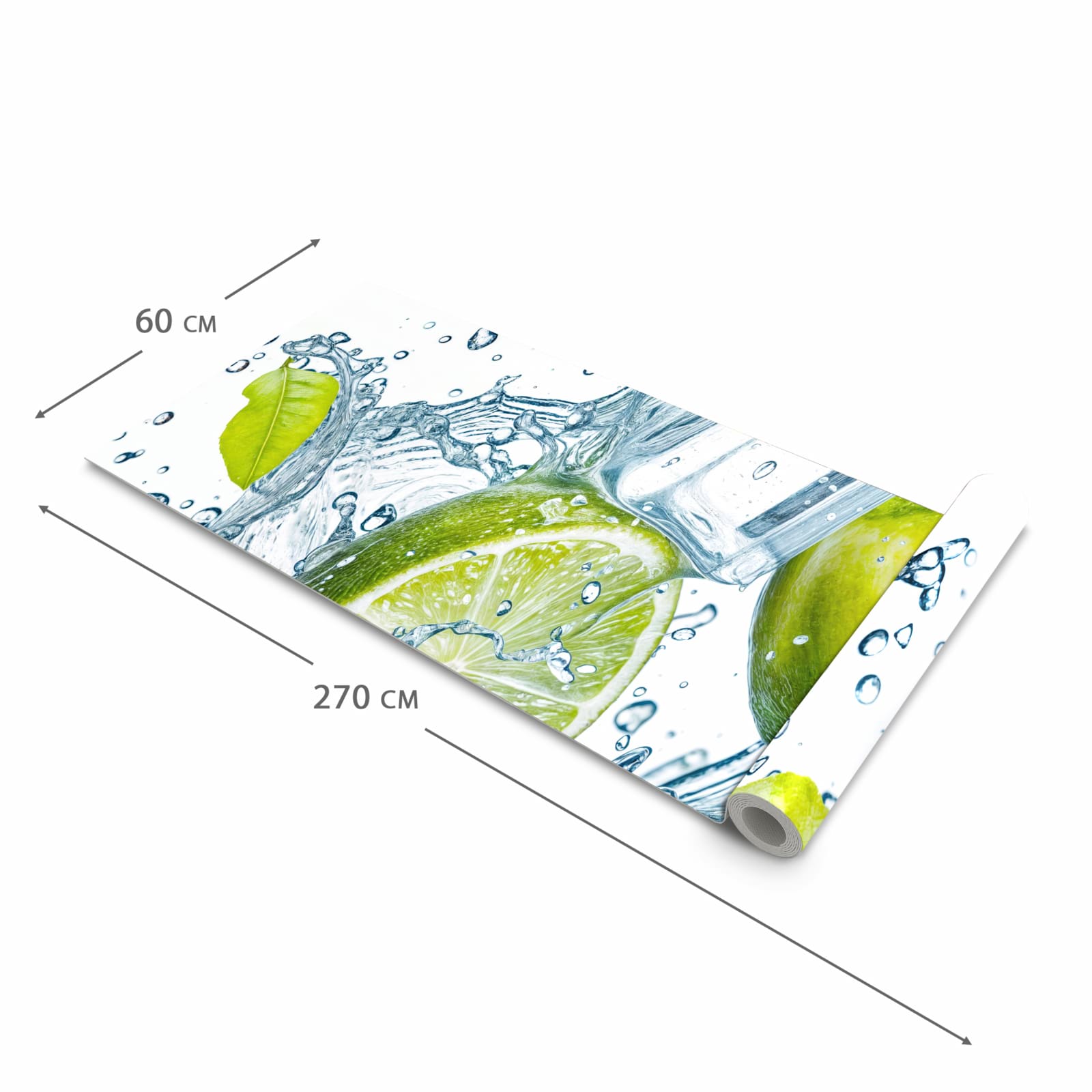 Küchenteppich mit Motiv Limetten Splashing in der Größe 60x300 cm für sicheres Aufbewahren