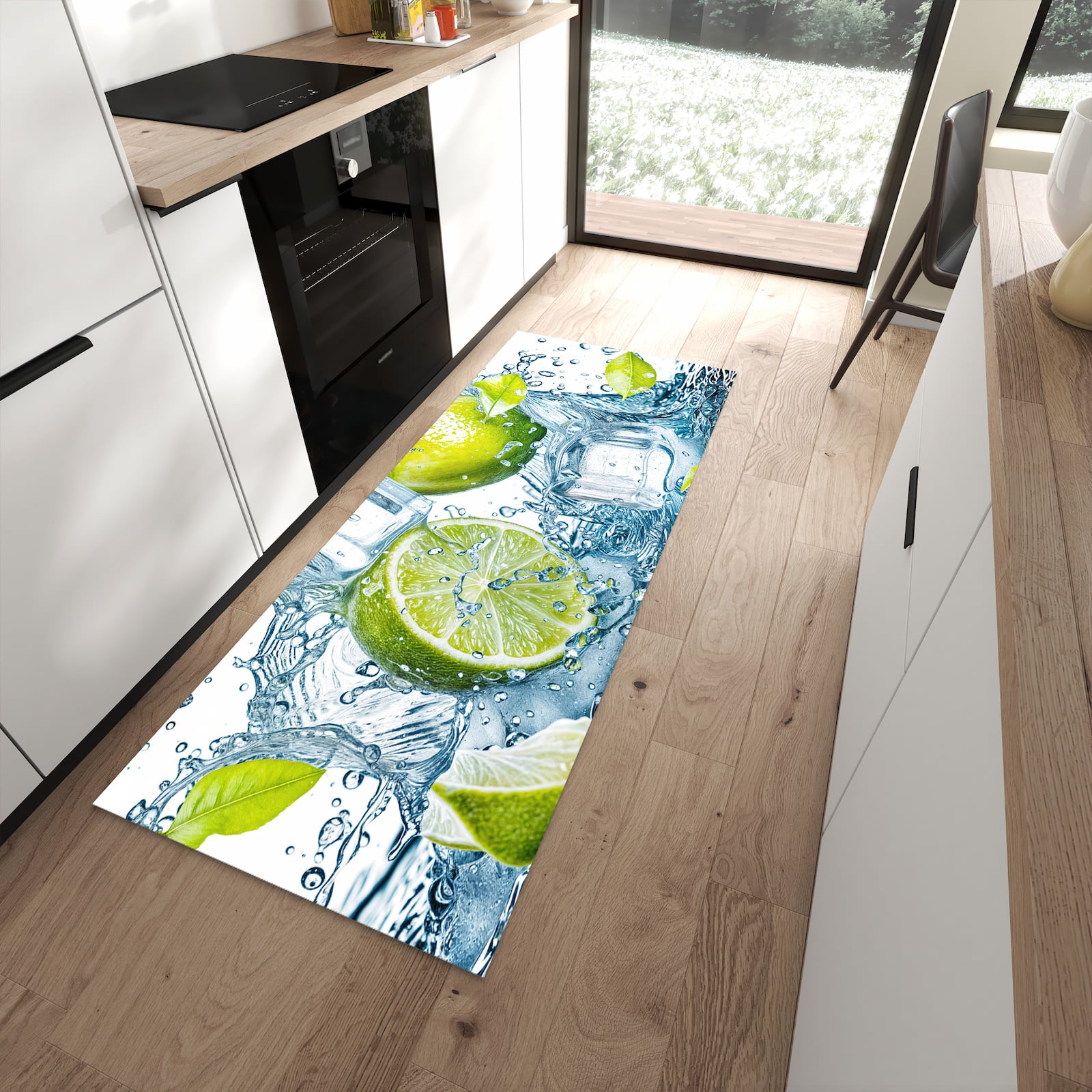 Langlebiger Küchenteppich mit Motiv Limetten Splashing in moderner Küche