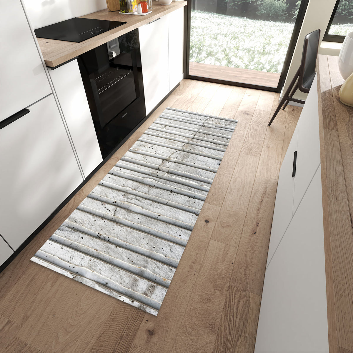 Bodenschonender Küchenläufer mit Motiv Betonstruktur in moderner Küche