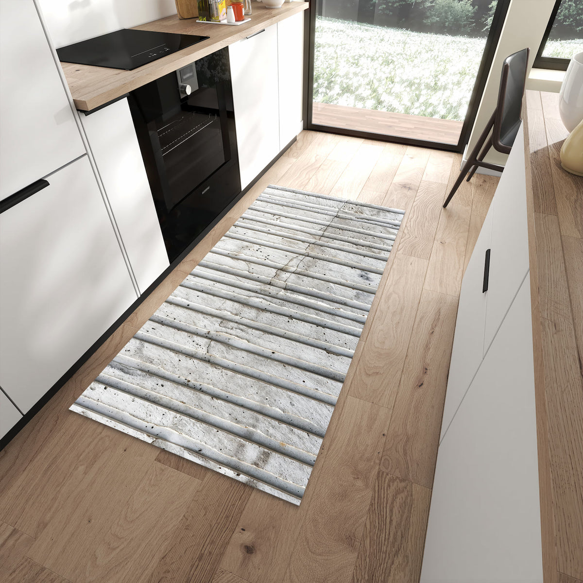 Zeitsparender rutschfester Küchenläufer mit Motiv Betonstruktur in moderner Küche