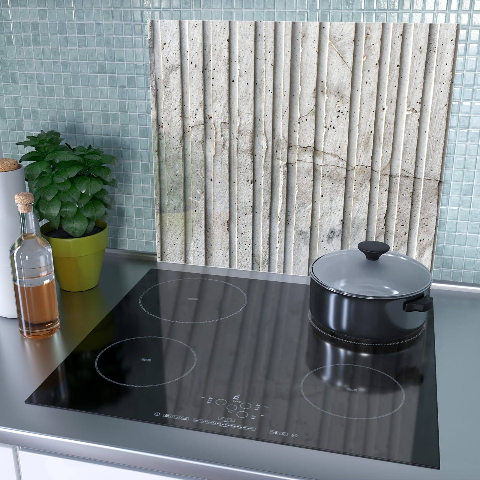1-teilige Herdabdeckplatten aus Glas mit Betonstruktur-Motiv als Spritzschutz hinter dem Kochfeld